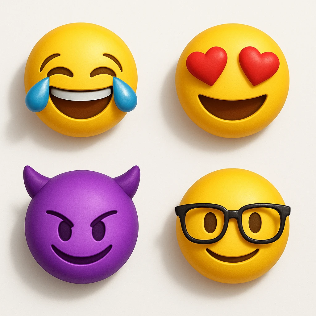 make four emojis on white background with good amount of shadow, four emojis of smiley's only. one laughing, second heart eyes, third purple devil and four black glasses emojis  emoji