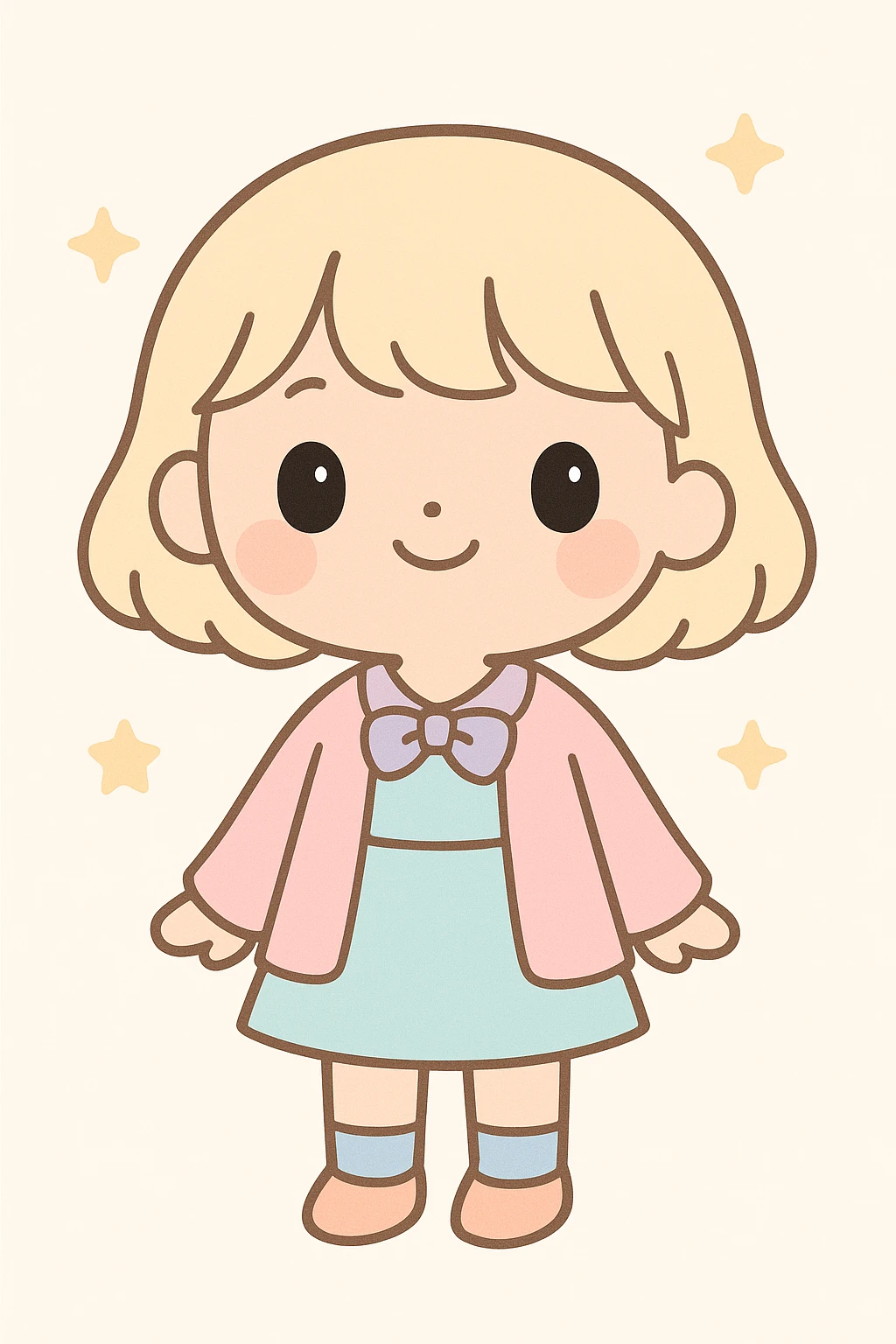 sweet character with light blonde hair, short bangs, big black eyes, small upturned nose, fashionable outfit emoji