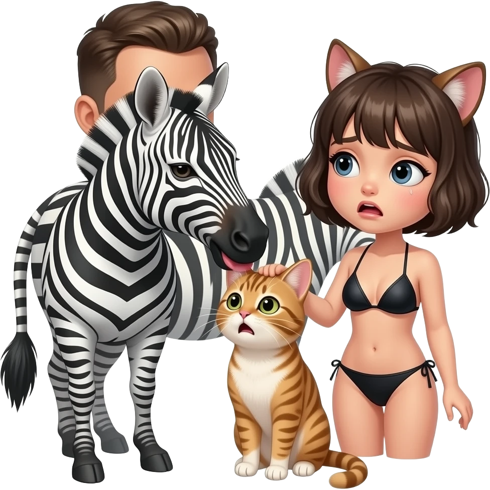 human zebra male biting the cat human neck. a human girl cat wearing black bikini and a short hair. make the cat scared emoji