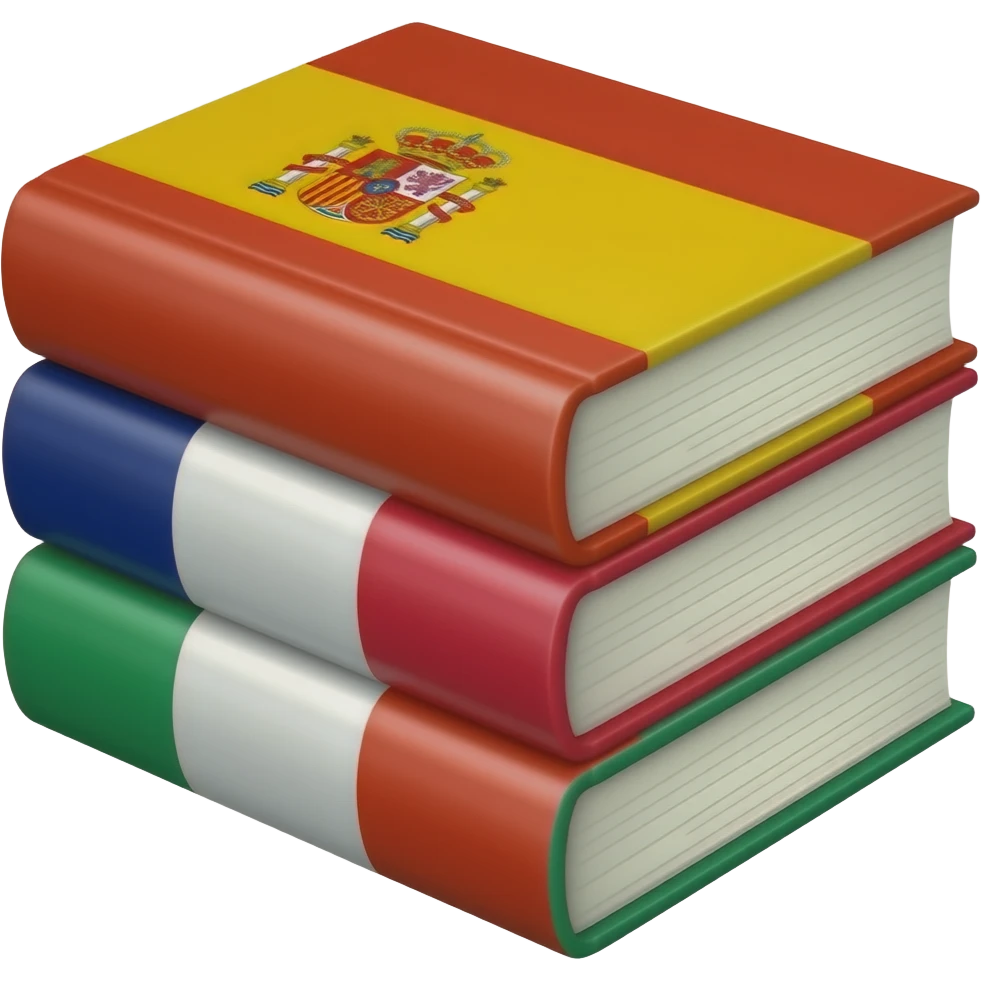 english spanish french italian books laying on one another. There is a flag of their country on each book emoji