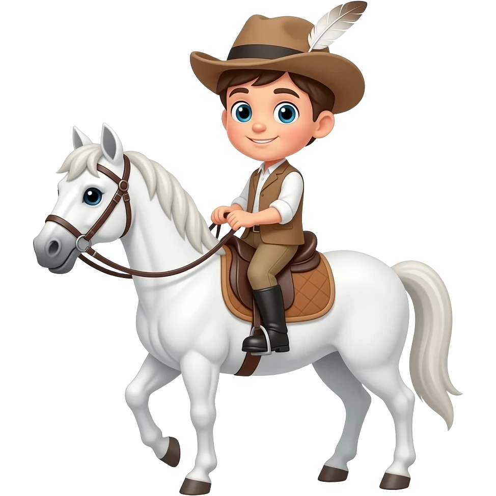 Cartoon boy wit a feather on his hat riding a white horse with briddle and saddle emoji