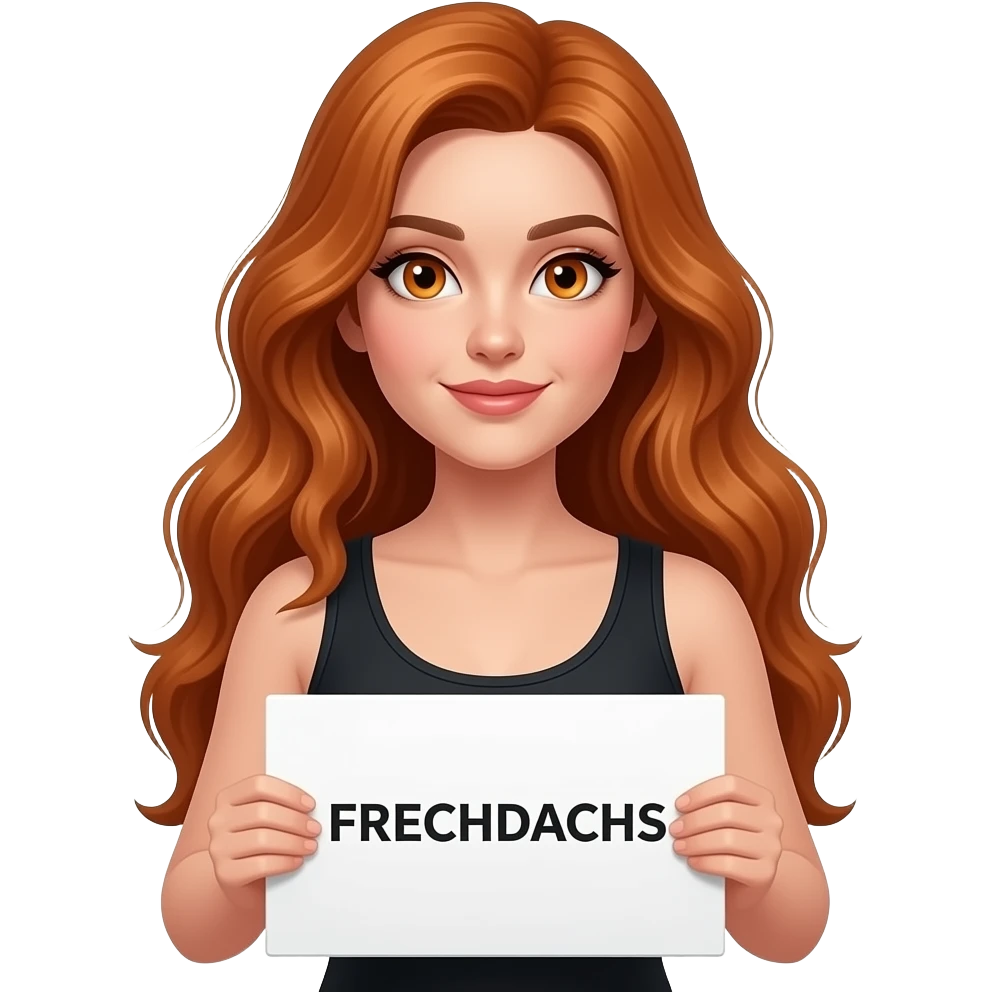 sexy girl with long wavy ginger hair and ginger eyes wearing a black tanktop is holding a white sign with FRECHDACHS written on it emoji