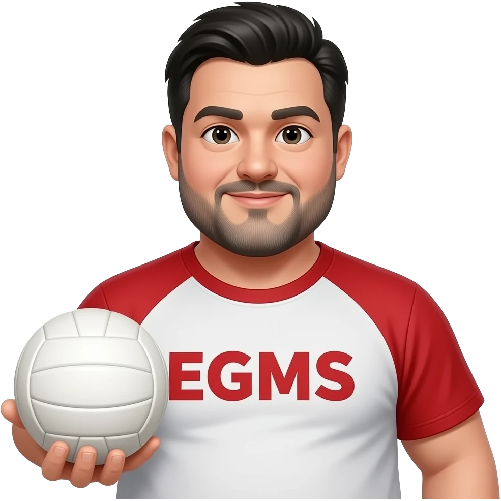 man kinda Chuncky with black hair grey beard and shirt that say                                 s                       EGMS   in red holding a volleyball kinda old fully red shirt and full white volleyball emoji