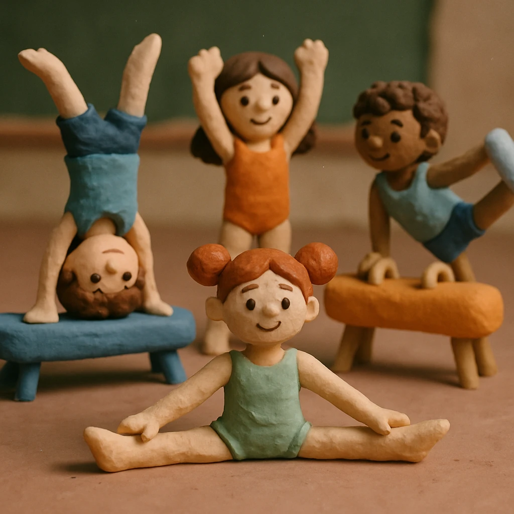 Kids doing gymnastics, matte, plasticine claymation with visible fingerprints and pastel colors. emoji