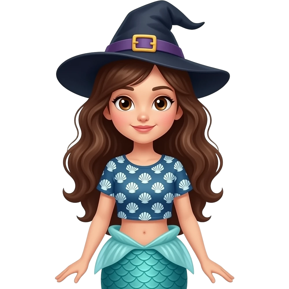A beautiful brunette witch/mermaid with brown eyes full body with shell mermaid shirt full body emoji