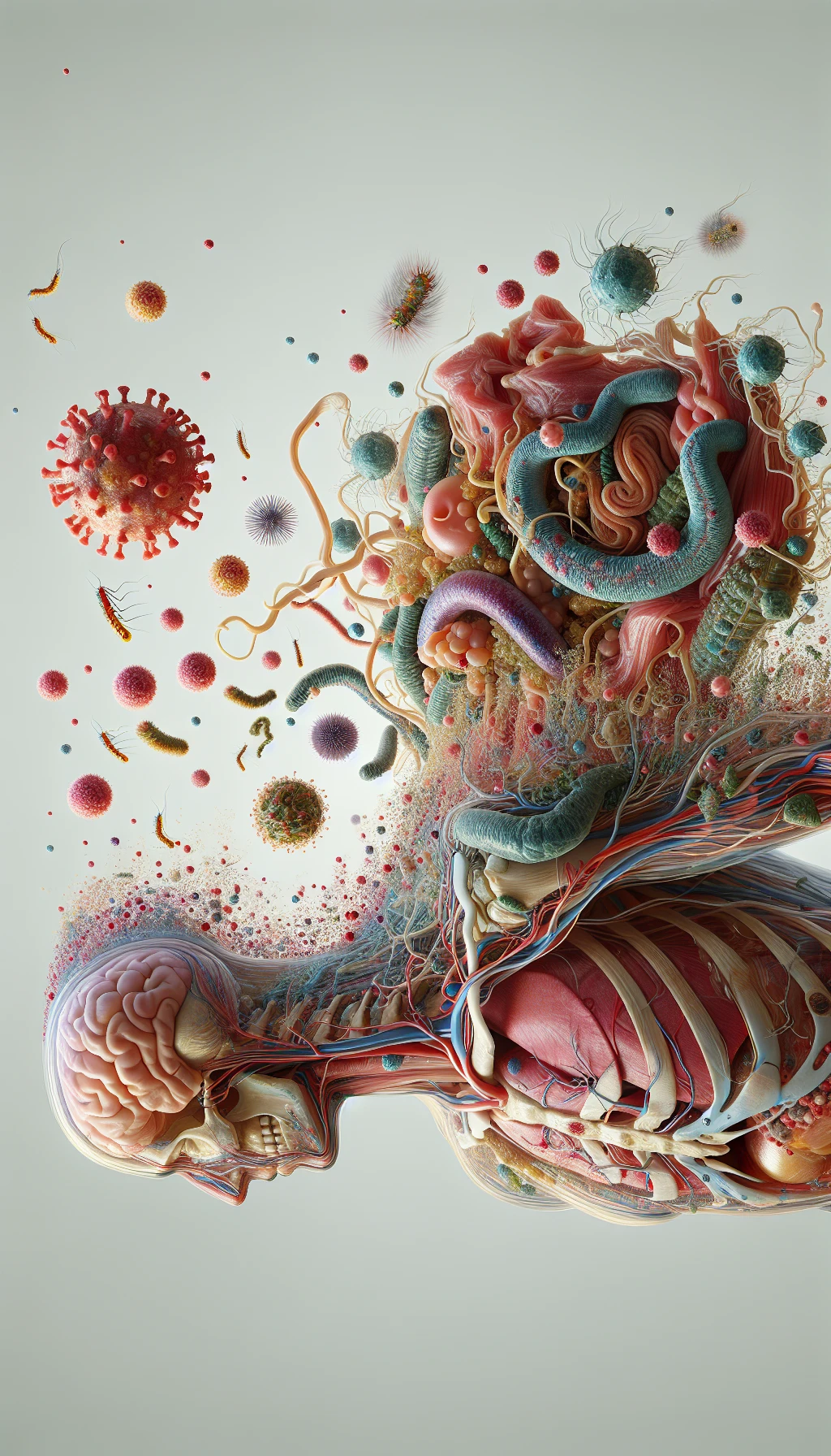 corpo umano anatomico di profilo con virus e parassiti che cercano di attaccarlo , sfondo neutro chiaro, iperrealistico 4k emoji