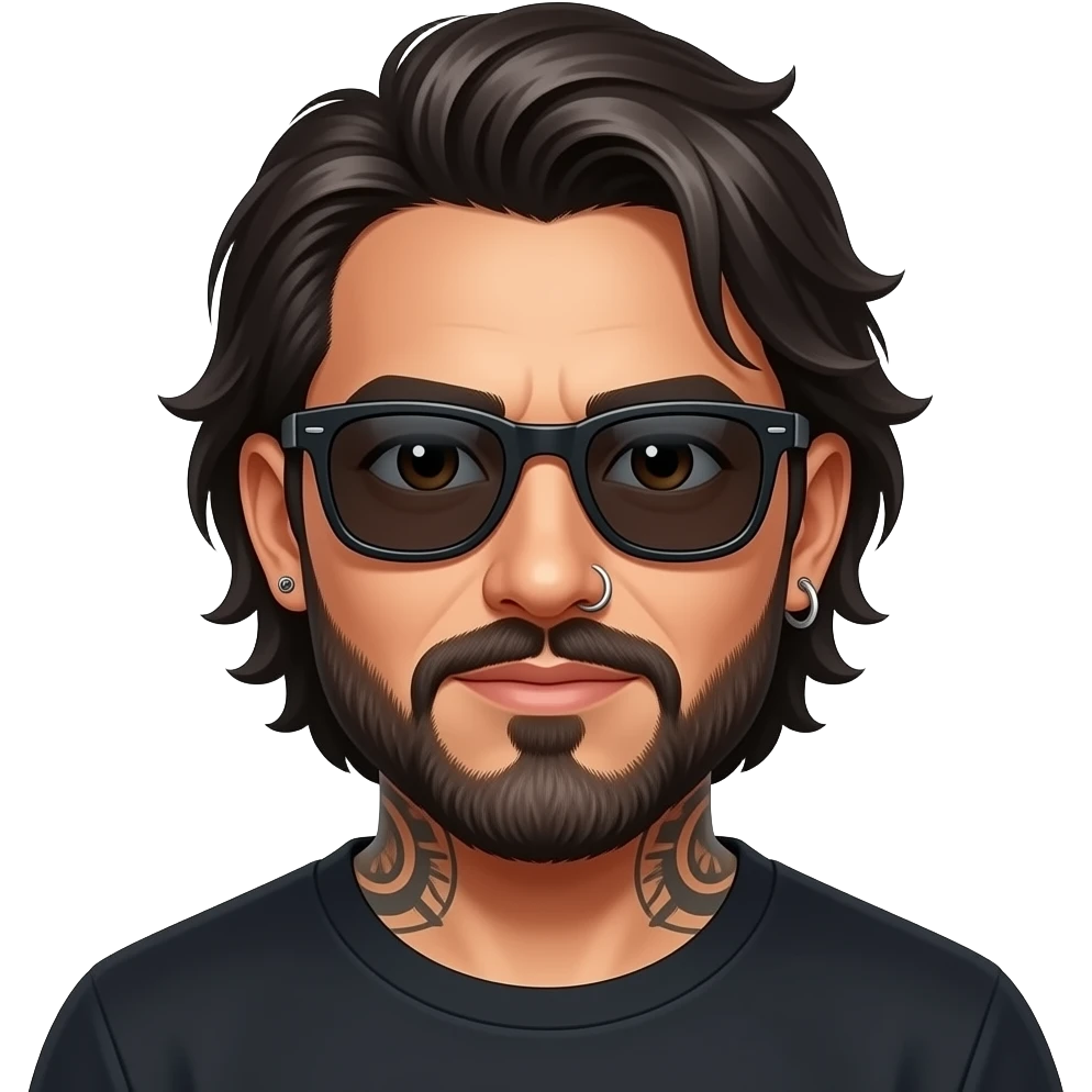 The handsome manly Latino podcast host with medium length hair, a long  slightly graying beard and tattoos with his ears pierced and a nose ring on the right side, dark brown eyes, wearing black, dark sunglasses, feeling broken emoji