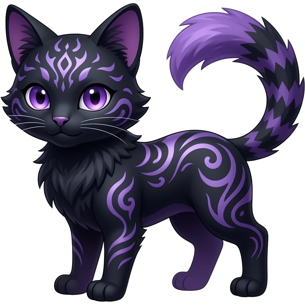Kawaii dark black purplish blackish edgy fantasy ethereal feline-vernid-sergal-fursona animal creature full body with intricate markings emoji