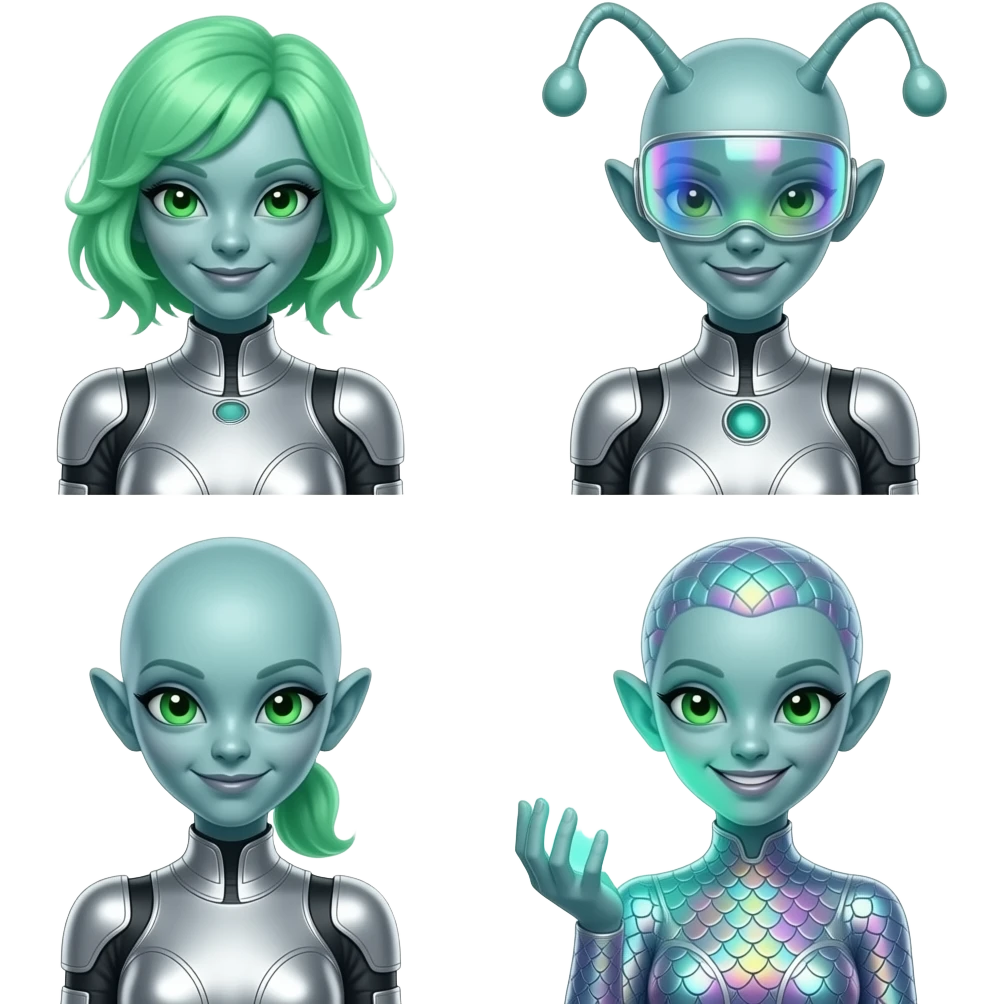 i want a set of emojis for my super fan club in tiktok my theme is alien ladies theme emoji