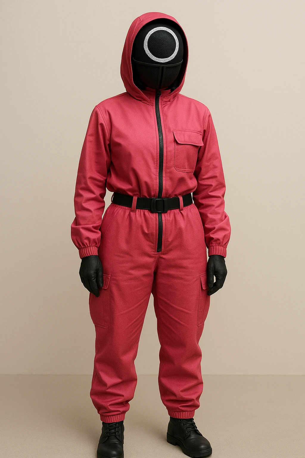 Squid Game woman character in pink guard uniform with mask, standing pose, simple background emoji