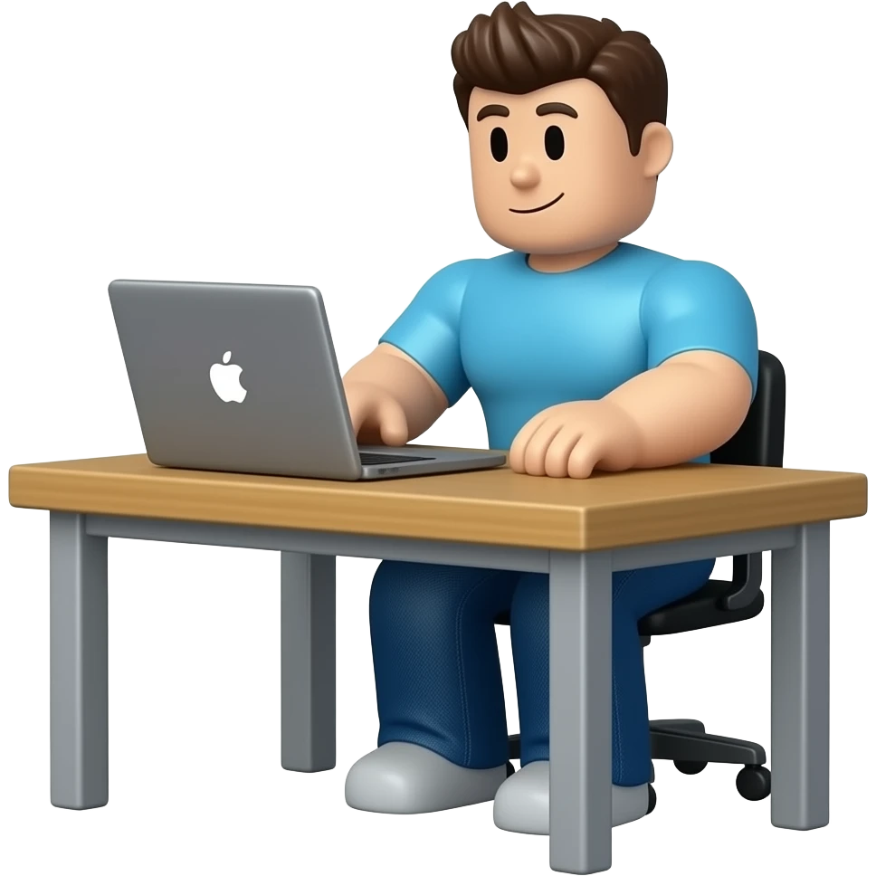 Genera un personaje de Roblox de cuerpo completo sentado en un escritorio con una laptop emoji