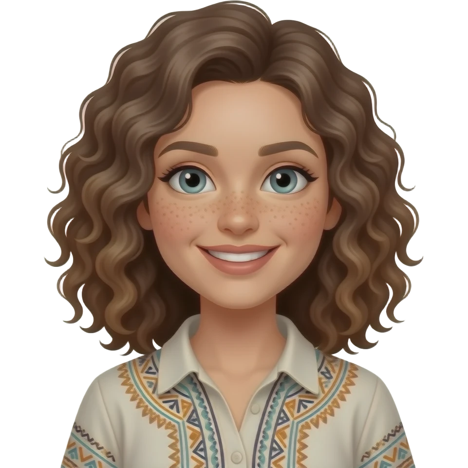 boho shirt shoulder length curly grey/brown blue/green eyes freckles across nose smiling woman emoji