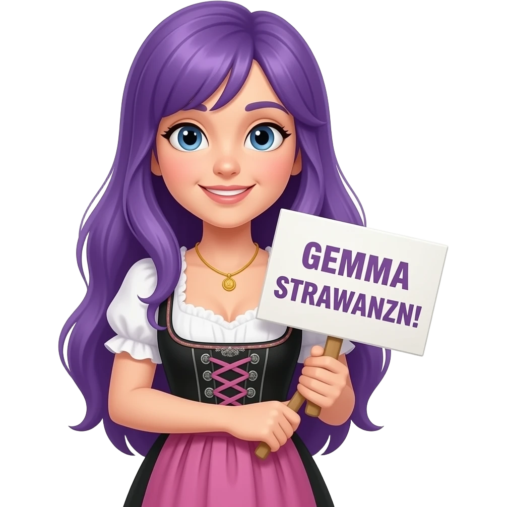 girl with long purple hair wearing a dirndl holding a GEMMA STRAWANZN! sign emoji