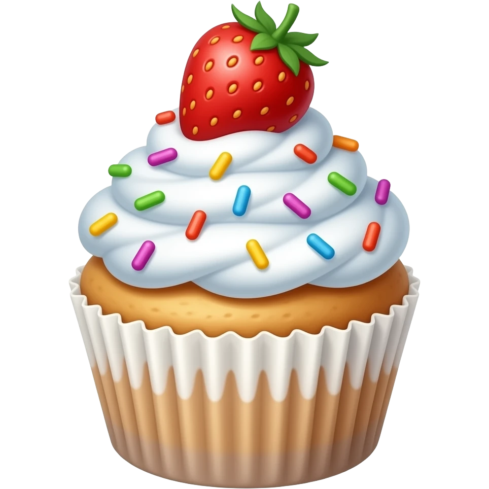 Cupcake with white whipping cream, rainbow sprinkle and a strawberry on the top emoji