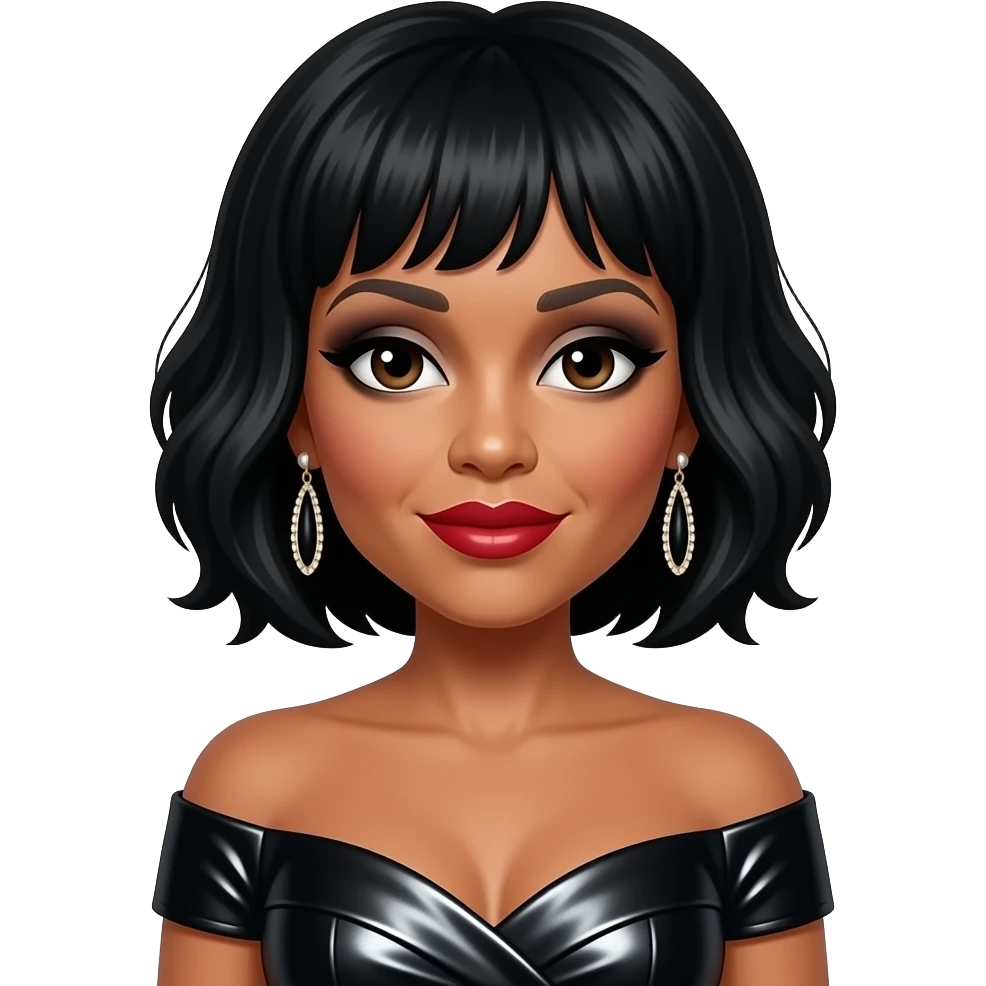 Patti LaBelle with dark brown eyes, black hair, black eyeshadow, red lipstick, black metallic off shoulder dress, earrings emoji