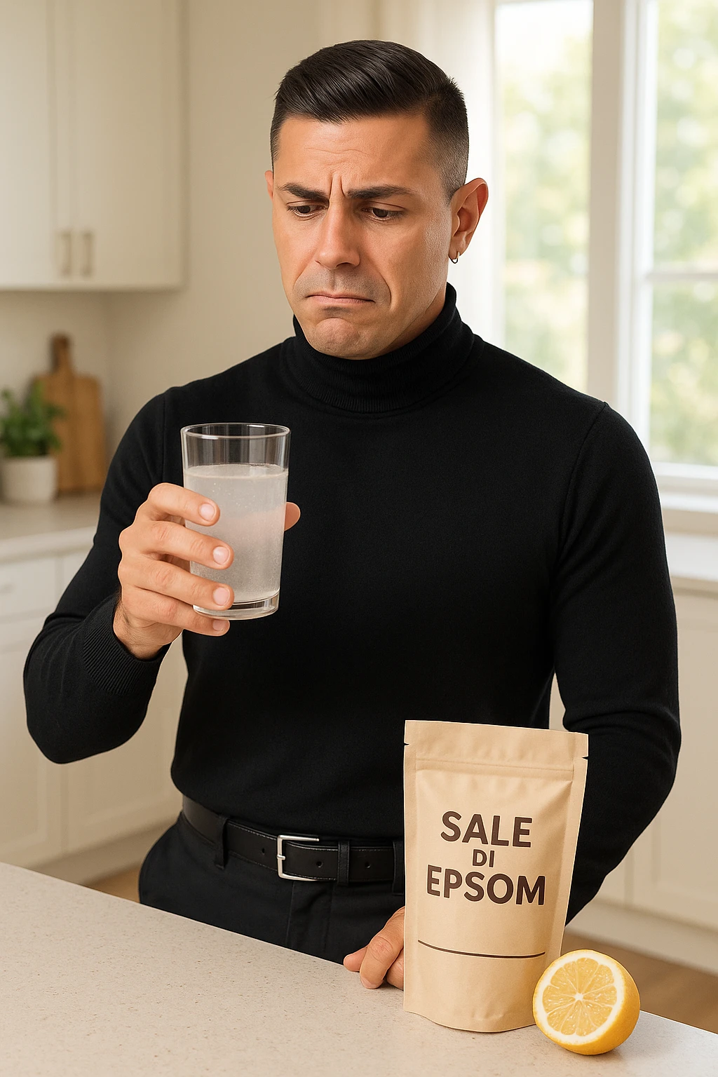 A realistic, bright photo-style image of a young man in his 30s standing in his kitchen, holding a clear glass filled with water in which Epsom salt (magnesium sulfate) has been dissolved. He looks focused but slightly uncertain as he prepares to drink it for a liver flush or digestive cleanse. The glass shows slight cloudiness from the dissolved salt. On the counter are a packet labeled 'Sale di Epsom' and a sliced lemon, suggesting he might use it to mask the taste. The setting is clean, natural, and bright with neutral tones. The background shows sunlight streaming through a window, emphasizing a clean, minimalist health-focused environment. The mood conveys a realistic, calm moment of self-care with a hint of discomfort, illustrating a natural detox practice in italiano emoji