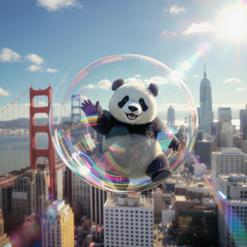 cinematic still of a panda bear waving from inside a bubble, soaring past San Francisco skyscrapers, bright sunlight, festive atmosphere, rainbow reflections emoji