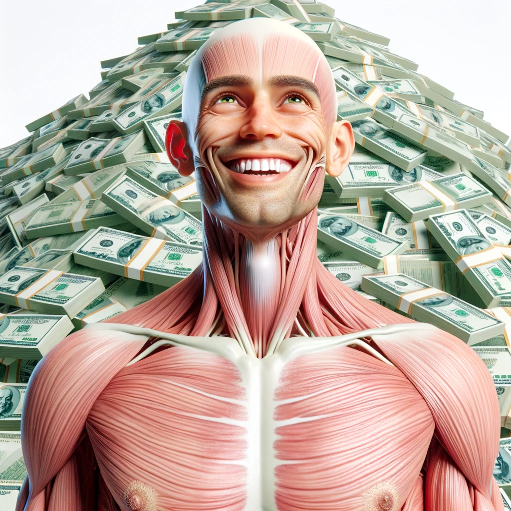 corpo umano anatomico sereno e felice con una montagna di banconote davanti, espressione stupita, iperrealistica 4k, isolato su sfondo bianco emoji