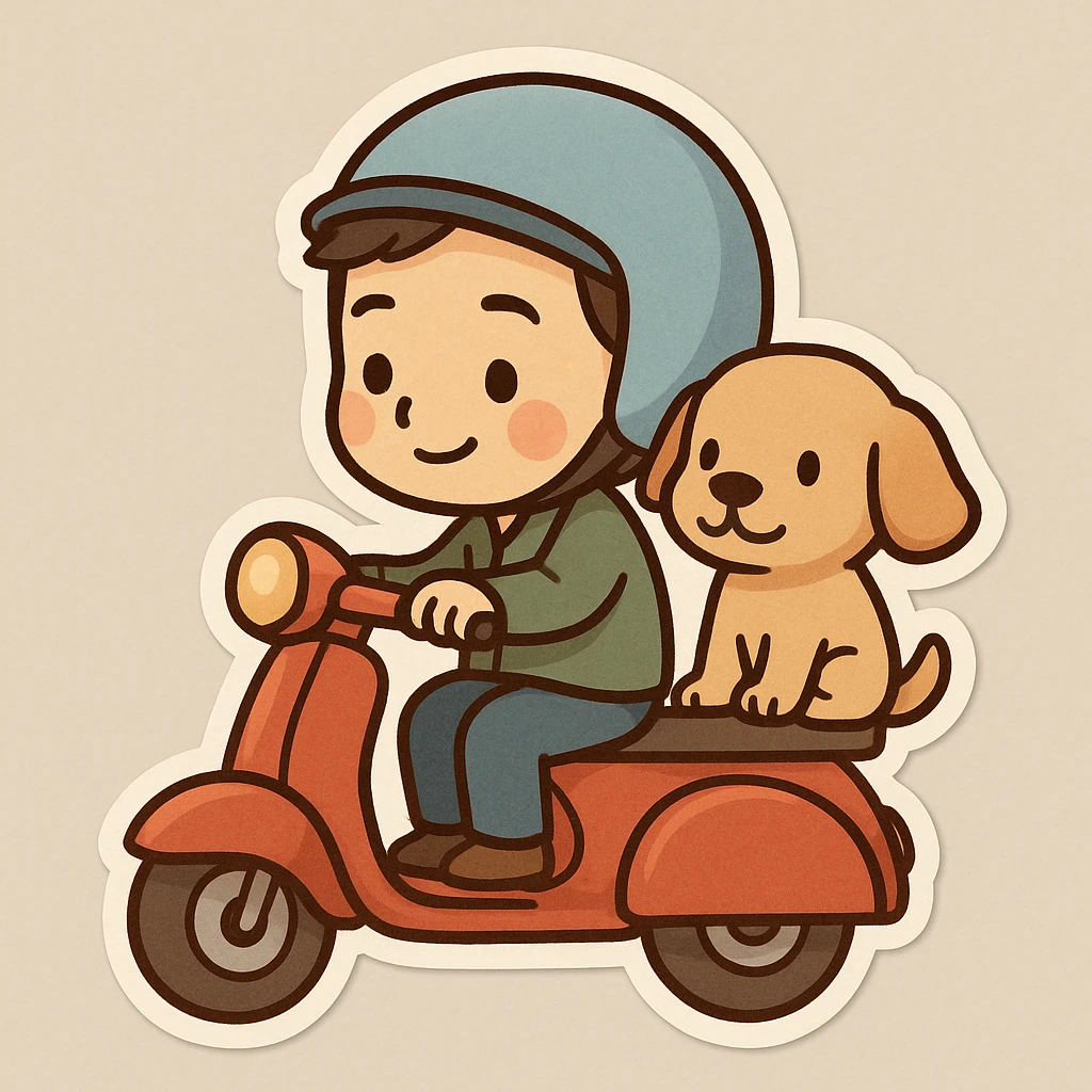 man and his pet dog riding a vespa emoji