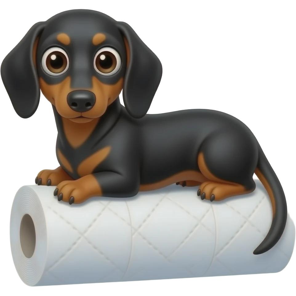 whimsical dachshund wide eyes full body sitting on a toilet paper emoji