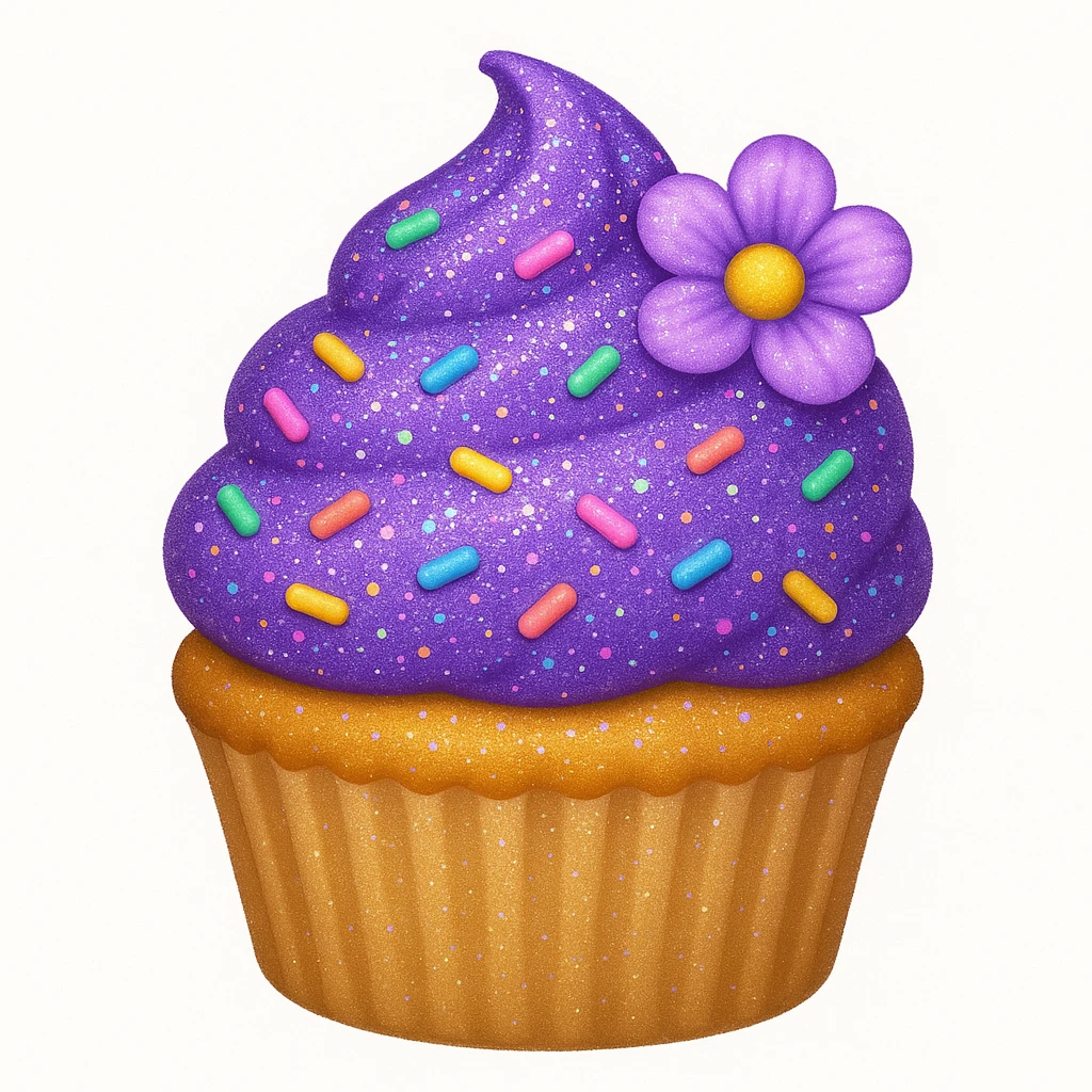 Add edible glitter and a small flower to the cupcake with purple frosting and rainbow sprinkles in emoji style. emoji