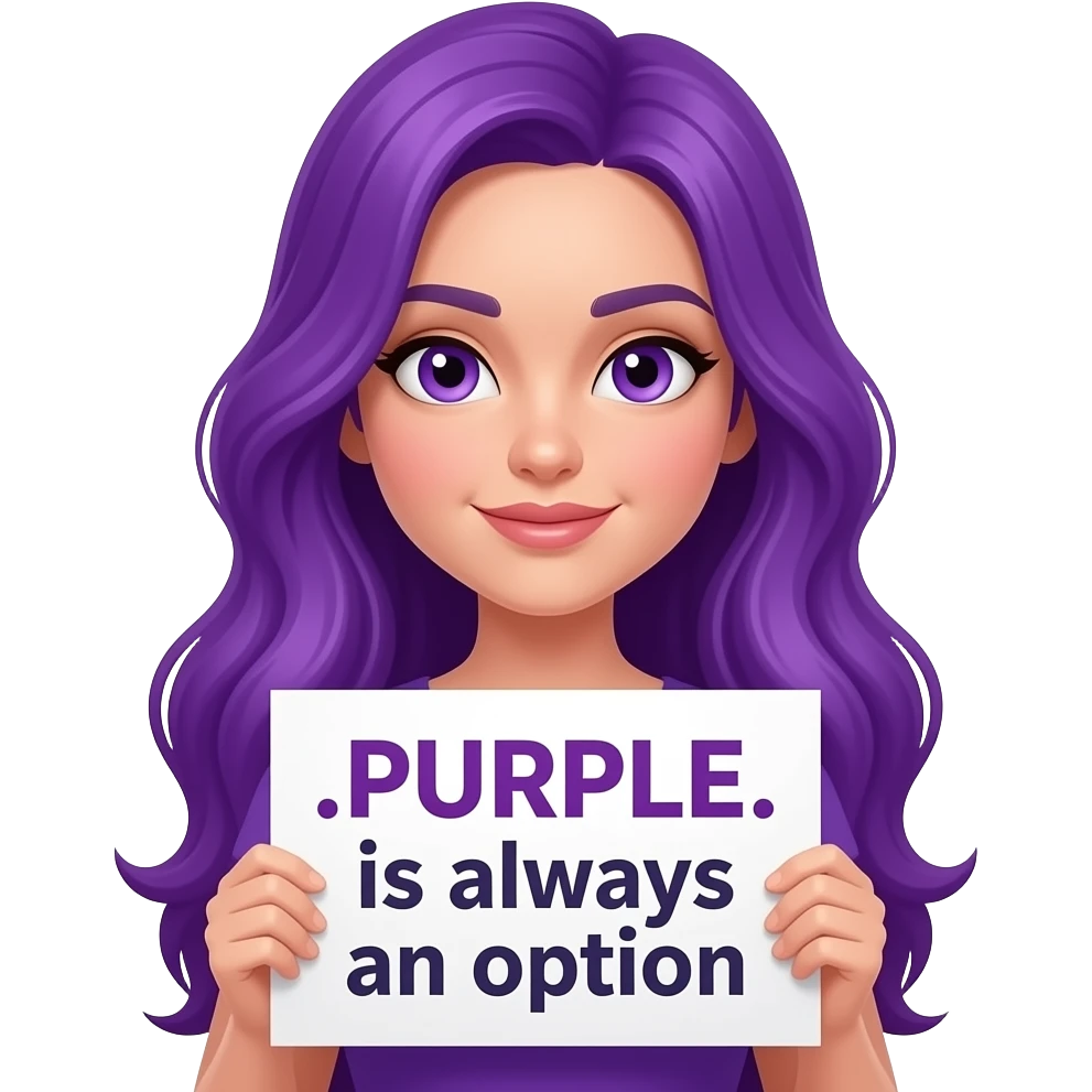 sexy girl with long purple hair and purple eyes holding a .PURPLE. is always an option sign emoji