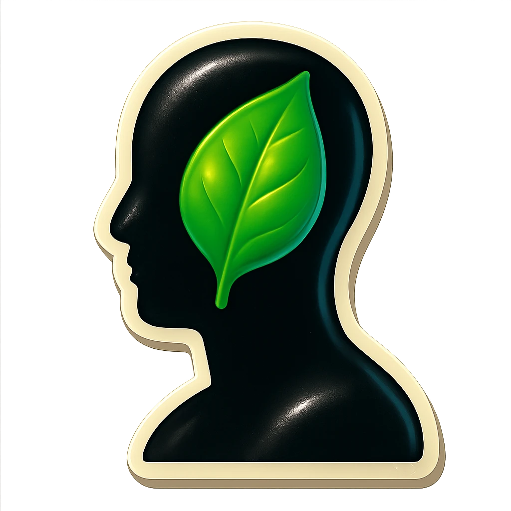 human silhouette or body with a leaf symbolizing mental health placed on the face or chest, retro stickers style, clear outlines, strong shadows and highlights, fun and not too complex, psychosomatics and psychology theme emoji