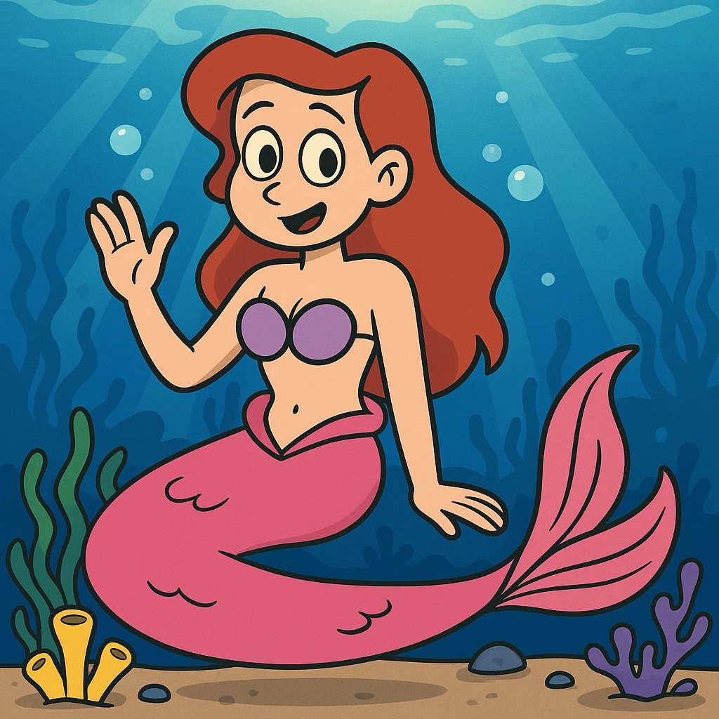 Add an underwater themed background to the pink-tailed mermaid while preserving the cartoon style. emoji