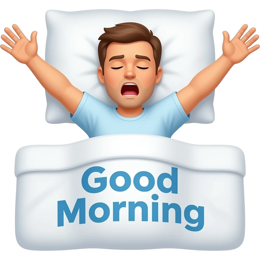 a man waking up in bed with arms fully stretched and yawning with the words "Good Morning" in blue printed across emoji