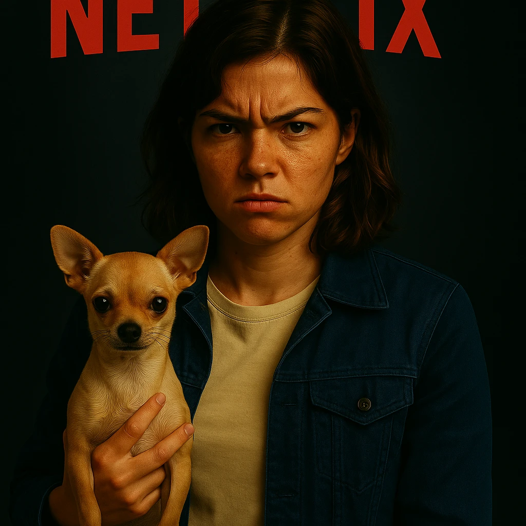 Change the color of the jacket to a midnight blue, in the style of a Netflix series poster, keeping all other elements identical. emoji