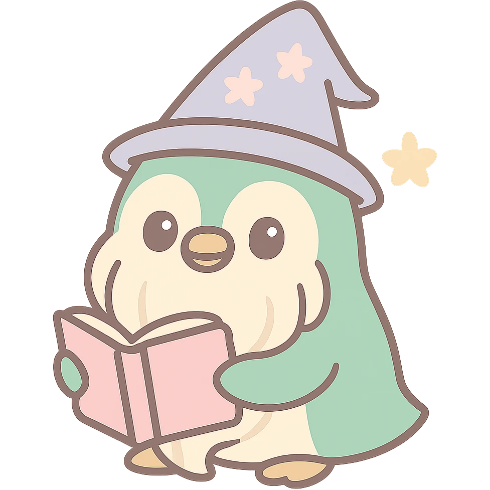 penguin wizard with a long beard, holding a book, mystical, charming emoji