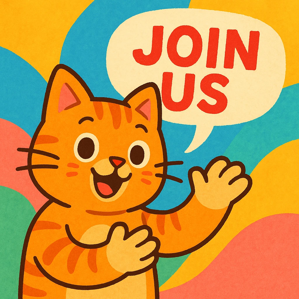 A playful cat character using its paws to gesture, with a speech bubble or sign that says 'Join us', in a colorful, fun style, friendly and inviting. emoji