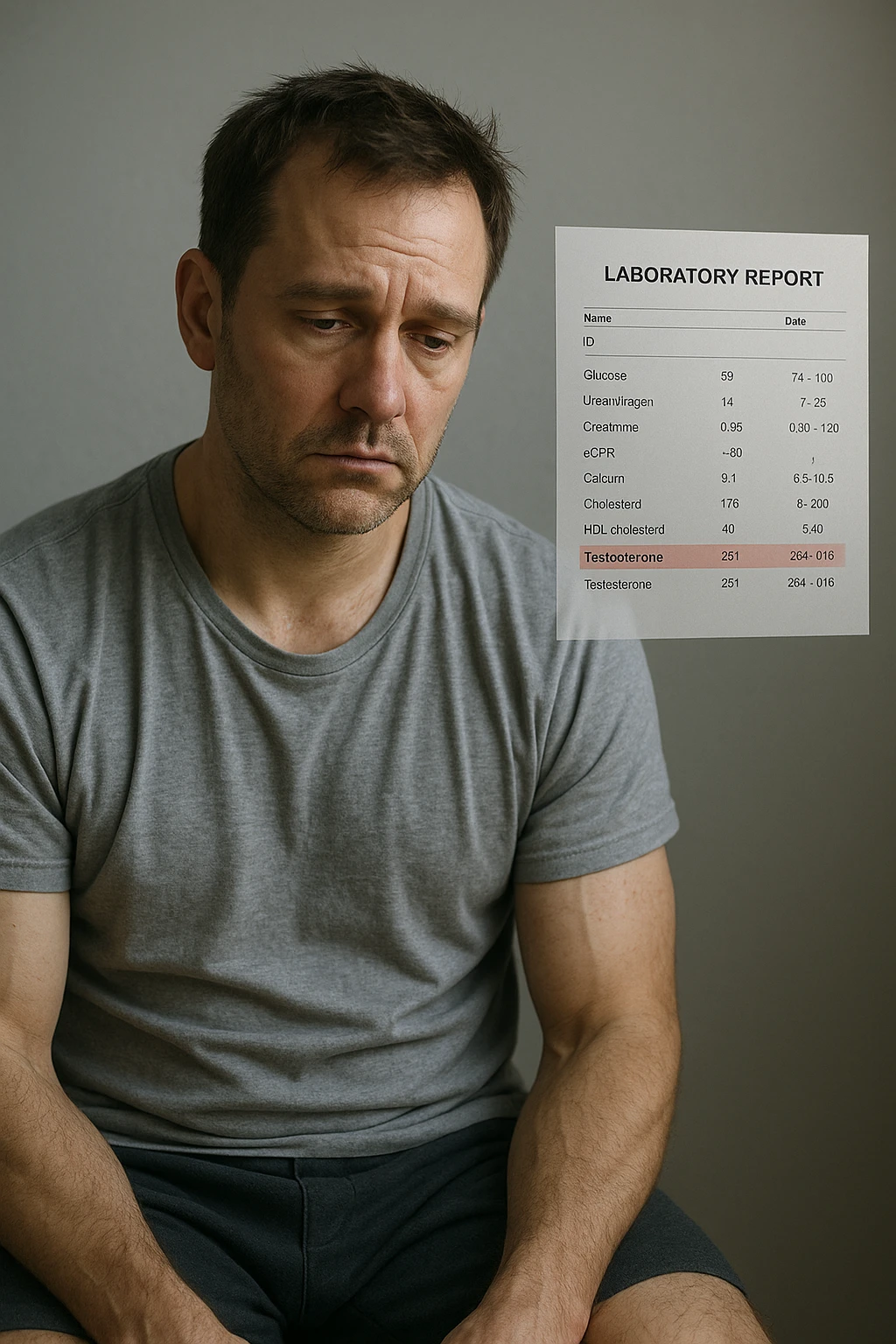 Un uomo caucasico di 35-45 anni, in CGI fotorealistico, che mostra i segni fisici ed emotivi di un basso livello di testosterone. aggiungere un referto medico semi-trasparente fluttuante accanto a lui, con valori di testosterone evidenziati in rosso. emoji