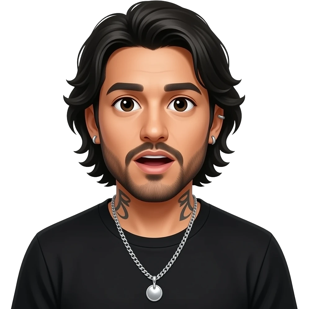 handsome, manly Latino podcast host with black colored eyes wearing black with silver jewelry, with medium length hair, a very long, lightly graying beard and tattoos, his ear pierced and right nostril as well, very surprised look on his face emoji
