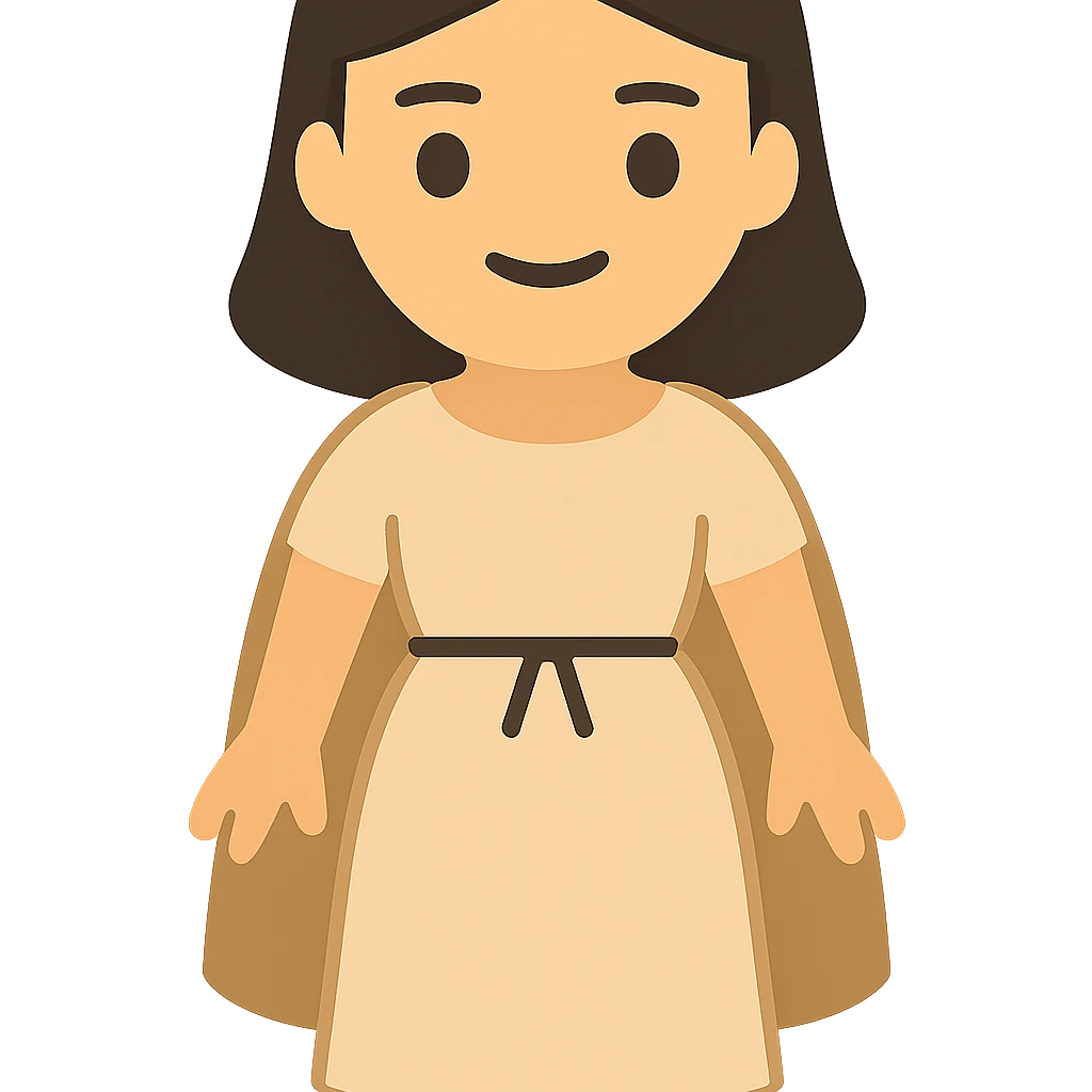 Create a fullbody view of a character in the style and proportions of the reference image. The character should wear a plain light tan dress, have dark hair, and wear the same cape as in the reference image. The style is emoji style with a transparent background. emoji