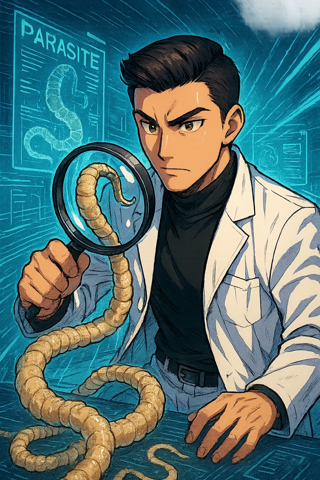 A dynamic manga/webtoon-style illustration of a young male kinesiologist wearing a clean white lab coat, analyzing light beige worms like a tapeworm under a magnifying glass. His expression is focused and slightly intrigued, with sharp, detailed eyes. The art style is vibrant, with bold linework, rich colors, and dramatic lighting. The background is a futuristic laboratory with glowing holographic screens displaying parasite data. The tapeworm is intricately drawn, slimy and segmented, with a slightly exaggerated yet realistic texture. The composition is dynamic, with motion lines or energy effects to emphasize his scientific investigation. The atmosphere is intense but not dark, keeping a balance between scientific seriousness and stylish manga aesthetics emoji