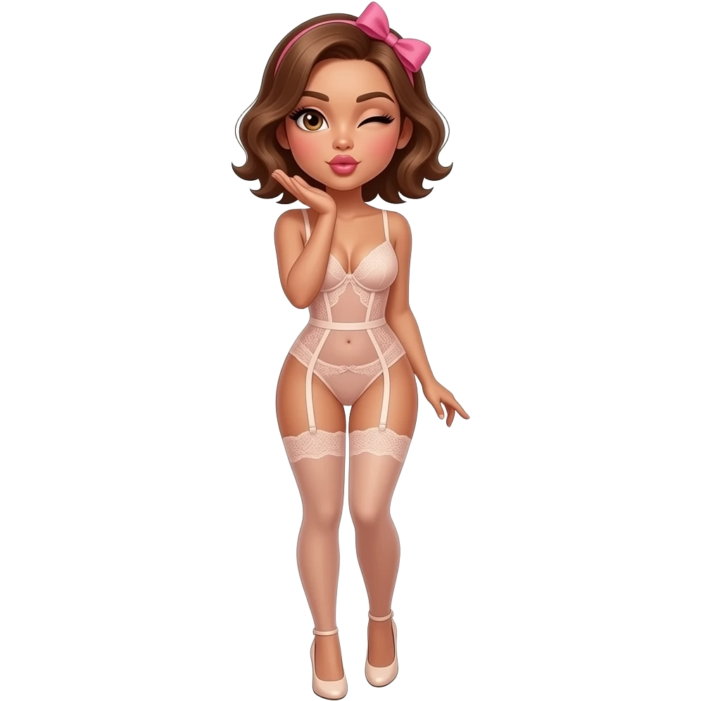 glamours,-tanned,-very-beautiful-woman-with-big-plump-rose-beige-lips,-long-lashes,-honey-silky-very short- hair,-wavy-hair,-with pink bow in hair -hazel-eyes-wearing-nude-lace-lingerie-nude-stilettos-Looks-sexy-winking-blowing-kiss-from-hand-full-body emoji