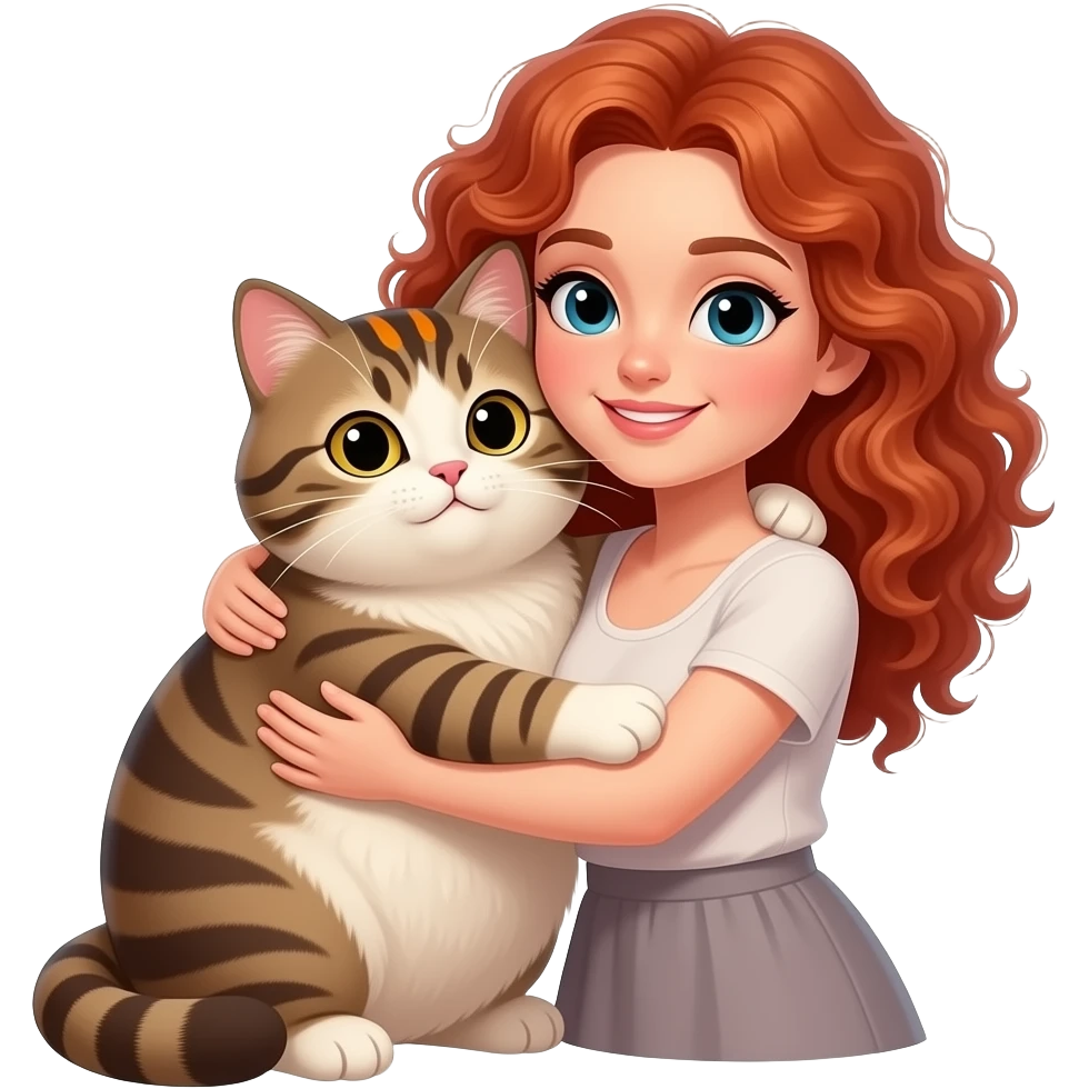 Fat Brown and cream color tabby cat with orange spot on forehead. Giving a hug to a pale woman with curly red hair emoji