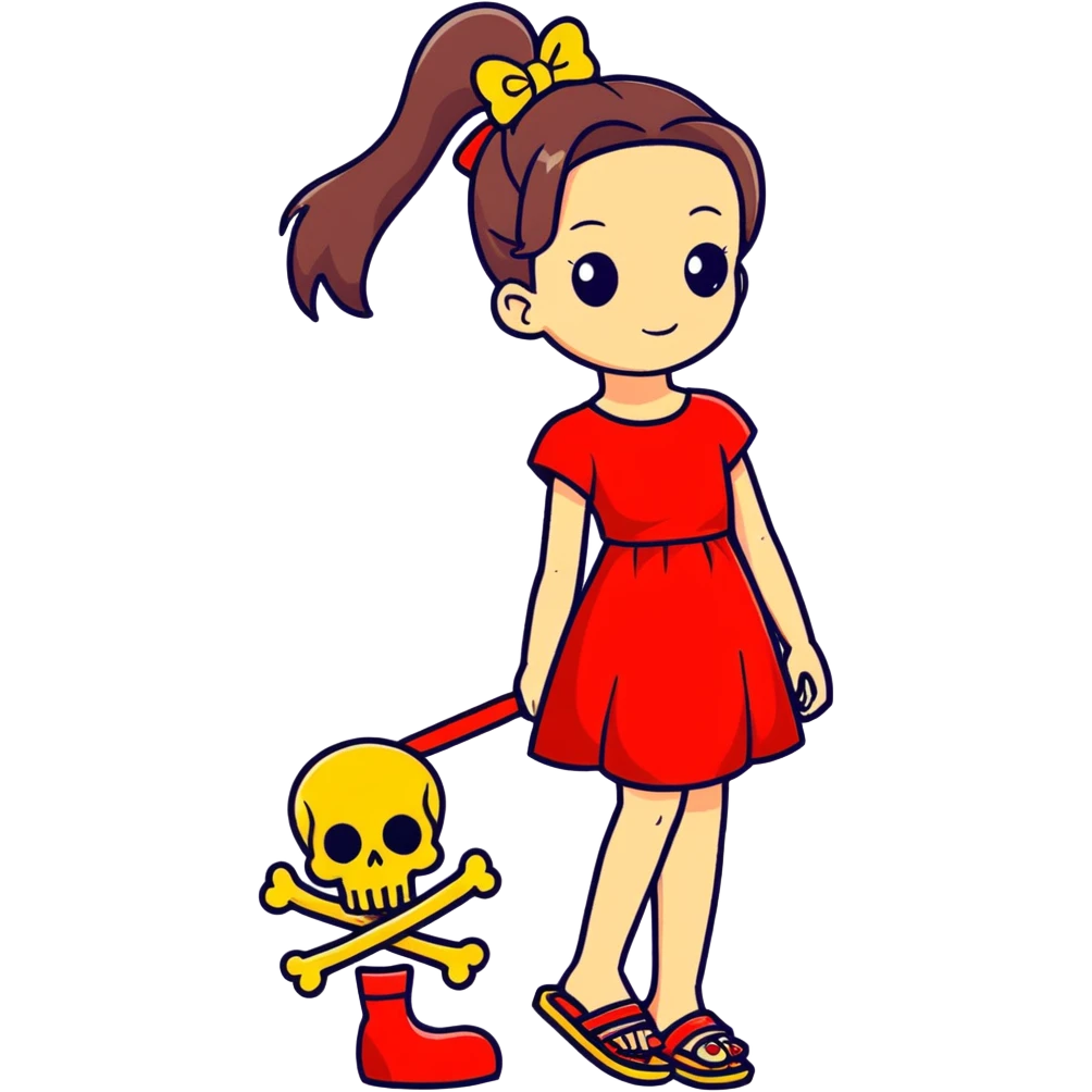👑 (👗❤️ + 💀💛)(👡❤️)(👧🏻 + large ponytails+ adult) emoji