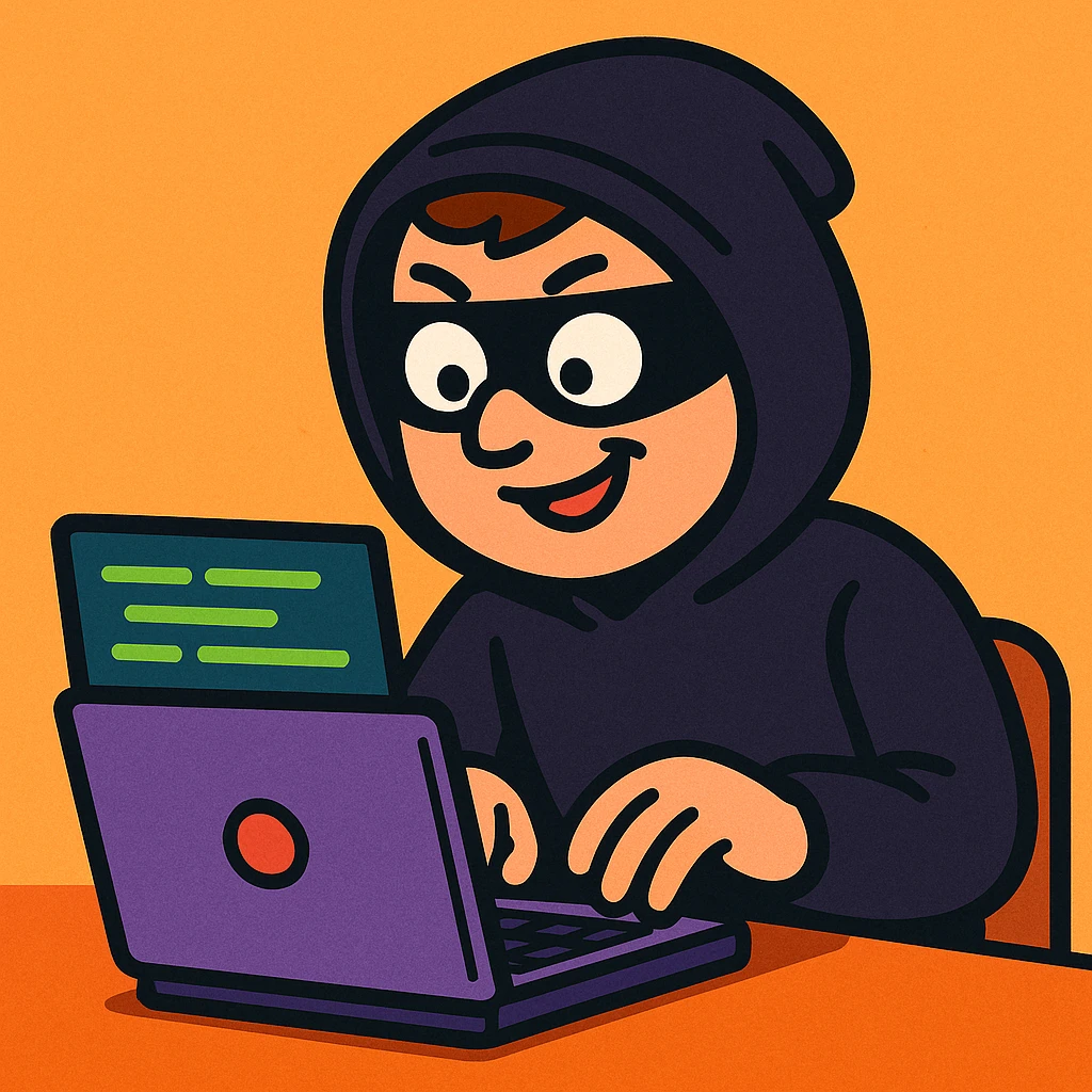 hacker, cartoon style, typing on laptop, green code, playful expression emoji