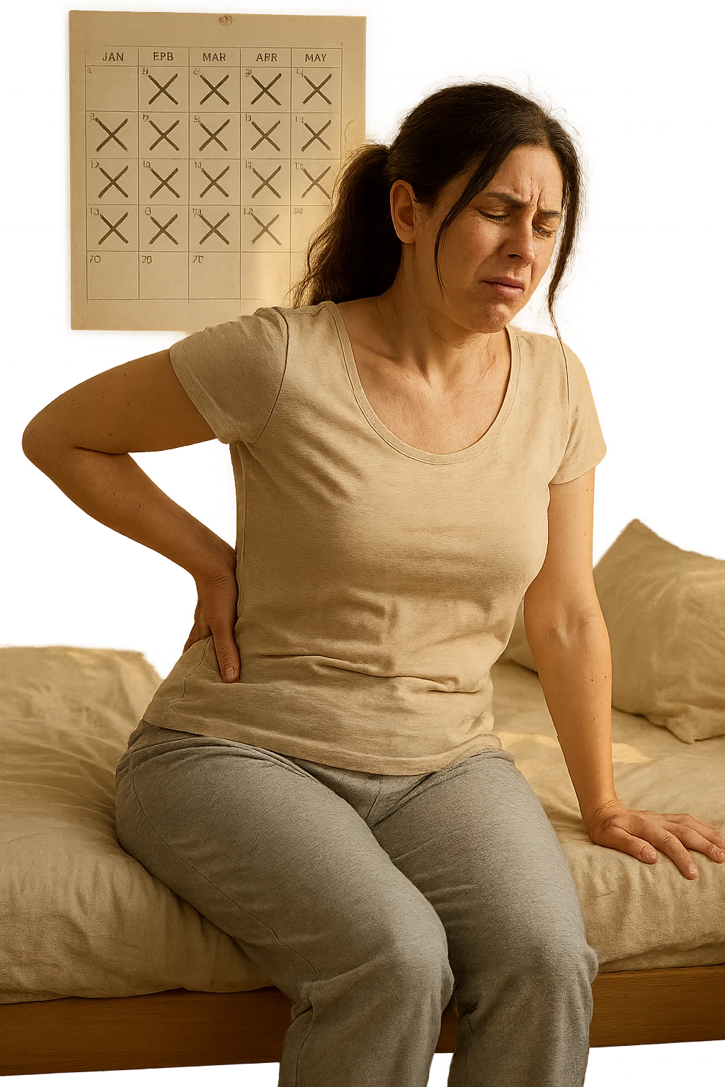 a woman in her 30s sits on the edge of her bed in the morning, holding her lower back with a pained expression. Subtle visual cues, like uneven shoulders or hips, hint at postural asymmetry. The room is softly lit, and a calendar on the wall shows months crossed off, symbolizing chronic pain over the years. emoji