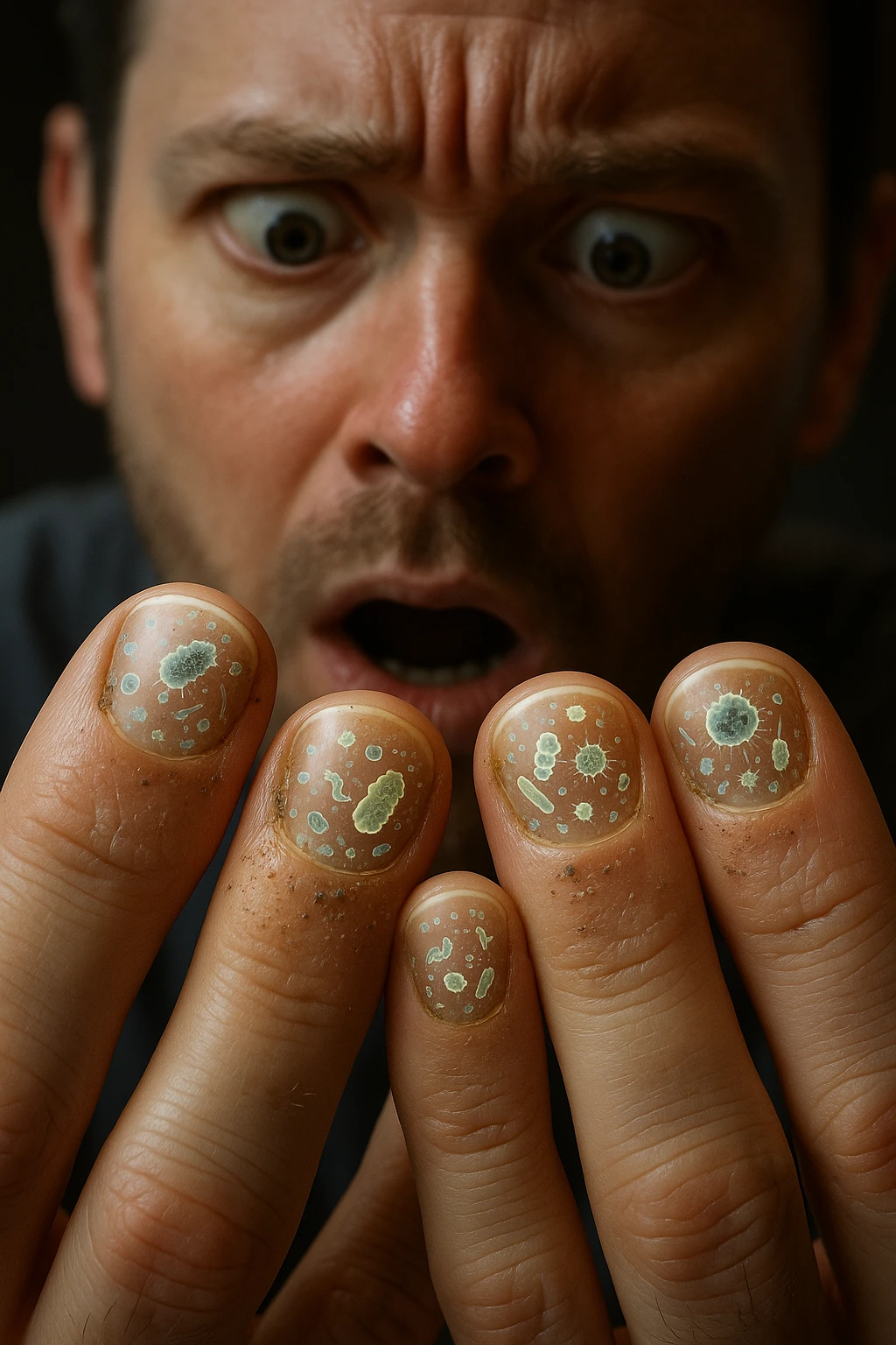"Close-up macro shot of man's fingernails with transparent overlay showing dense colonies of bacteria, viruses, and parasites thriving in nail beds, millions of pathogens visible as glowing microscopic organisms, expression of shock as he examines his hands under magnification, nail debris containing more germs than toilet water, fingertips becoming mobile germ factories" emoji