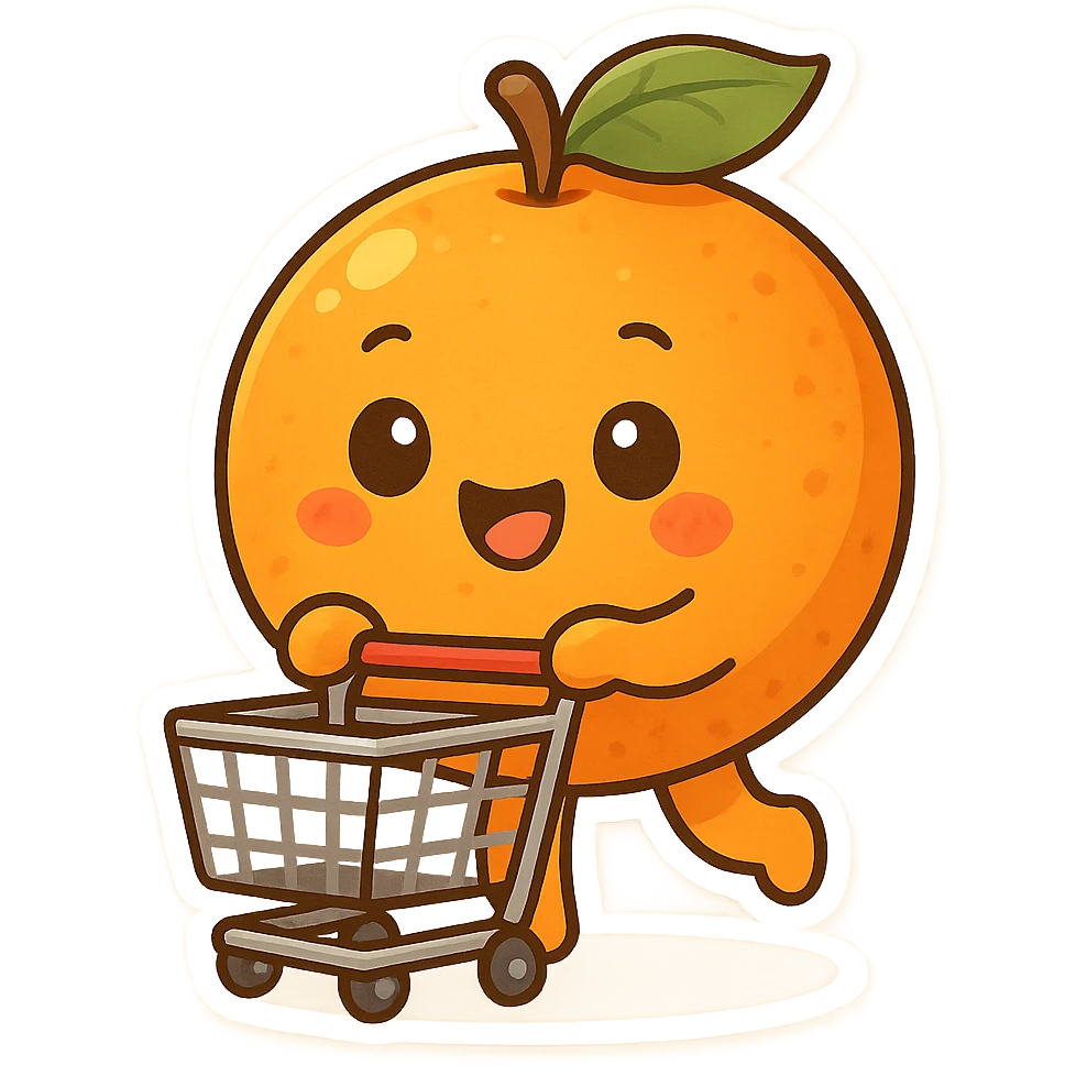 a cheerful orange with arms, holding a shopping cart, cartoon style emoji