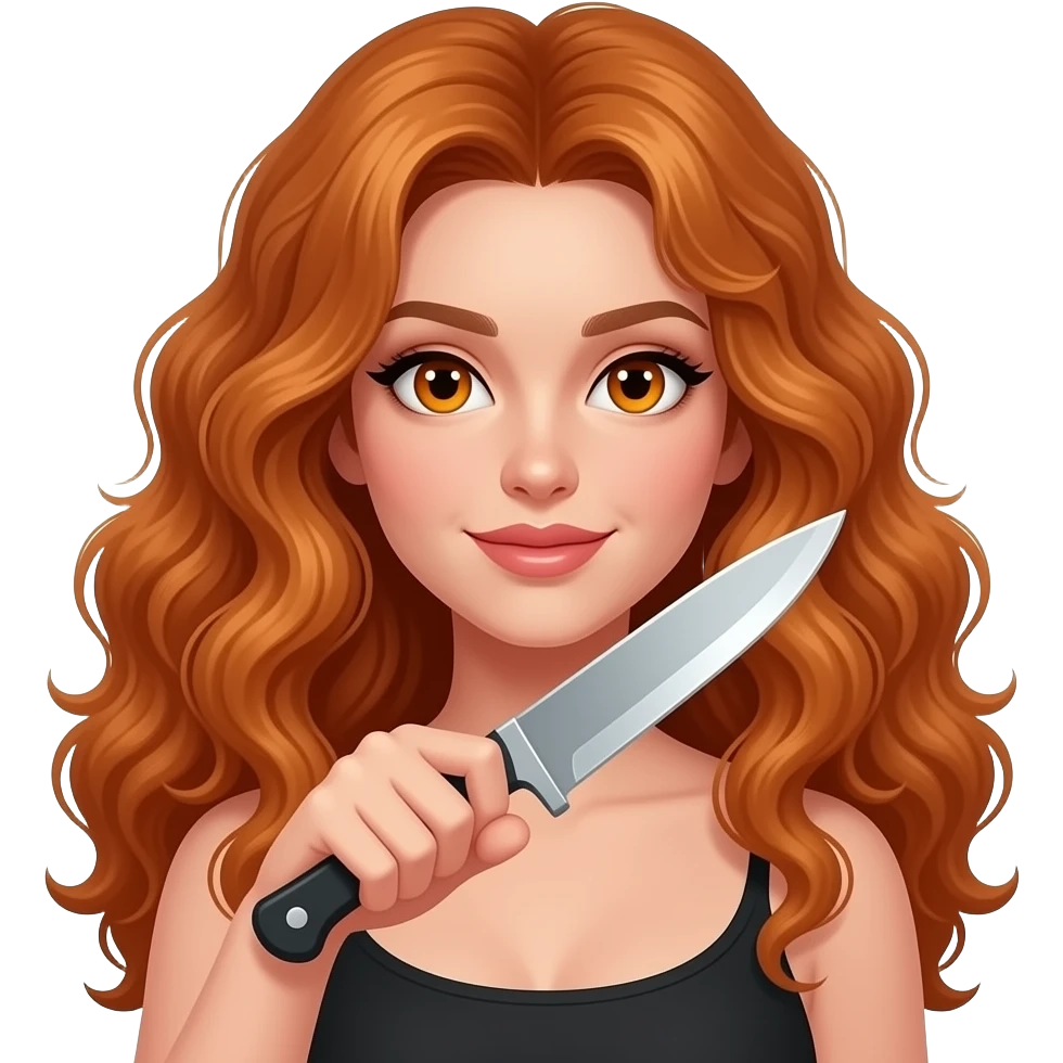 sexy girl with long curly ginger hair and ginger eyes holds a knife emoji