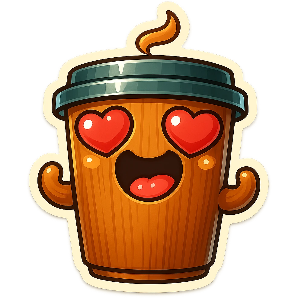 coffee cup creature, big heart eyes, dopey smile emoji