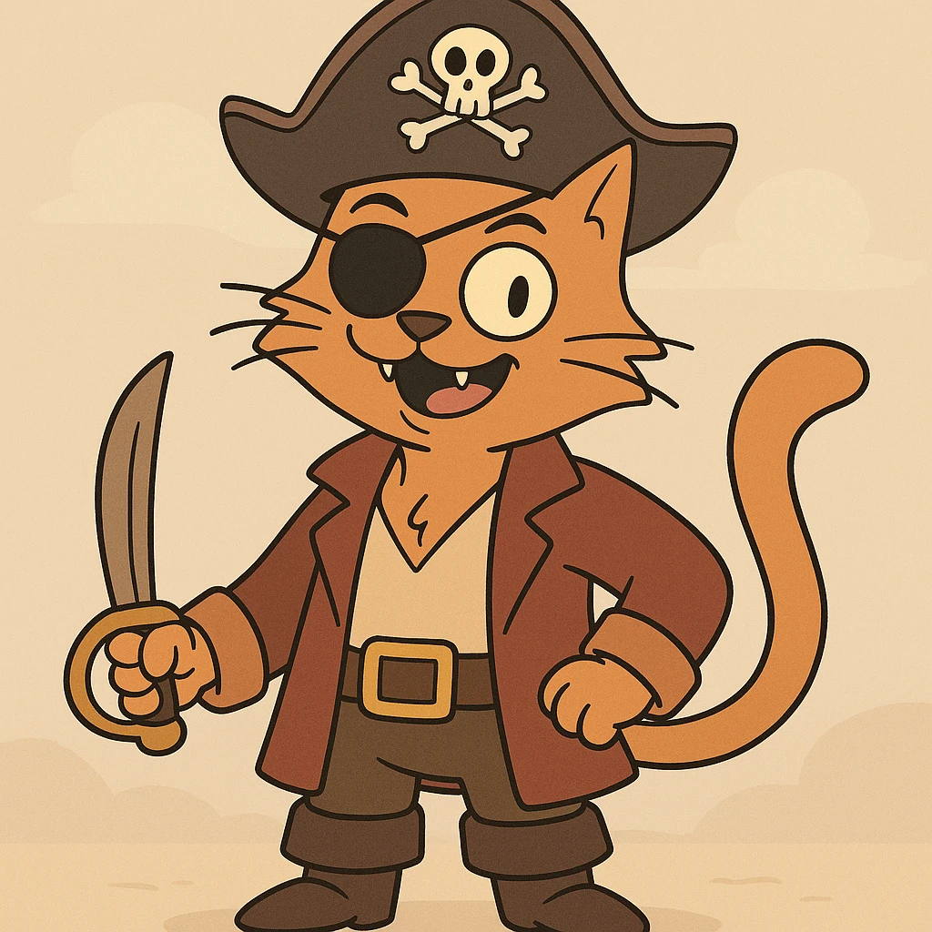 pirate cat, cartoon style, eye patch, playful expression emoji