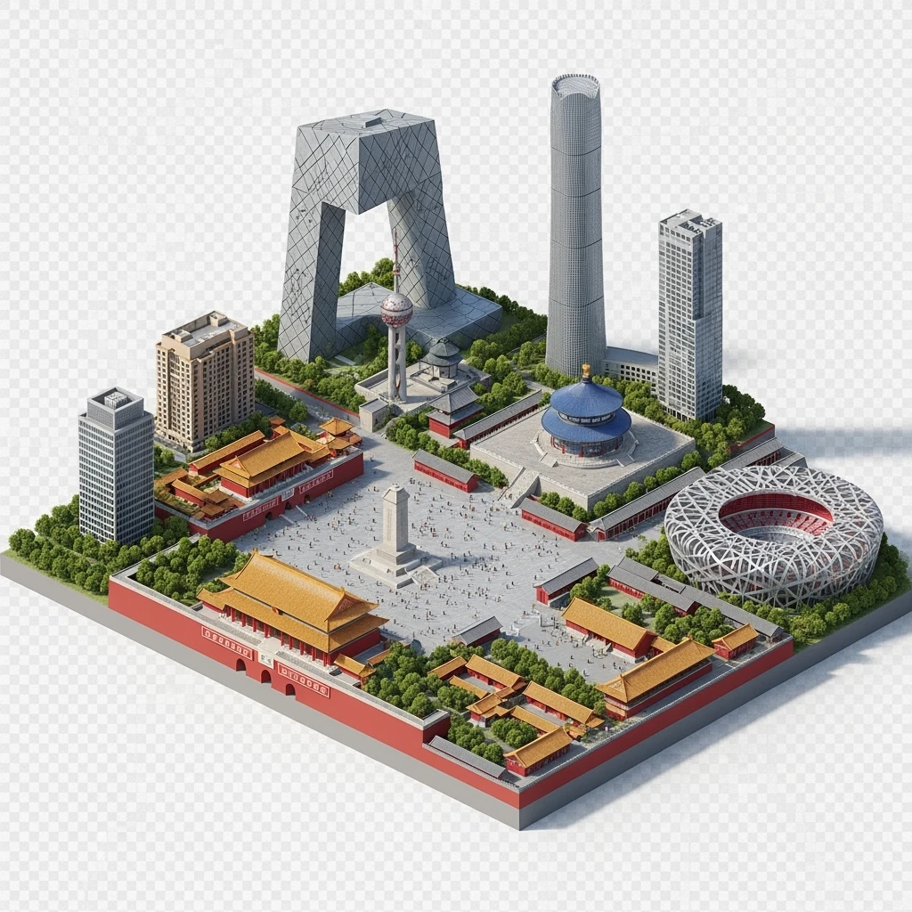 Isometric miniature of Beijing Forbidden City, Tiananmen Square, CCTV Headquarters, Temple of Heaven, China Zun skyscraper, Bird’s Nest Stadium, Beijing apartment blocks, 3D miniature effect and Tilt Shift effect, no cartoonish look, transparent background, don't cut angles emoji