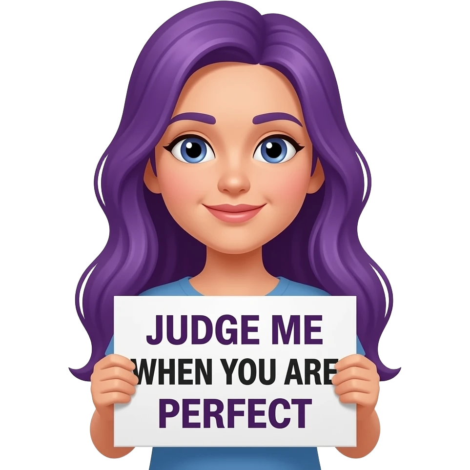 girl with long purple hair holding a JUDGE ME when you are perfect sign emoji