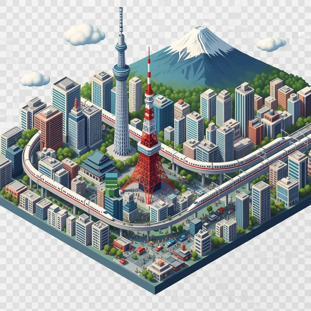 Isometric illustration of Tokyo, with Tokyo Tower, Skytree, Shibuya Crossing, Mount Fuji in background, high-speed trains, subtle 3D miniature effect and Tilt Shift effect, no cartoonish look, transparent background. emoji