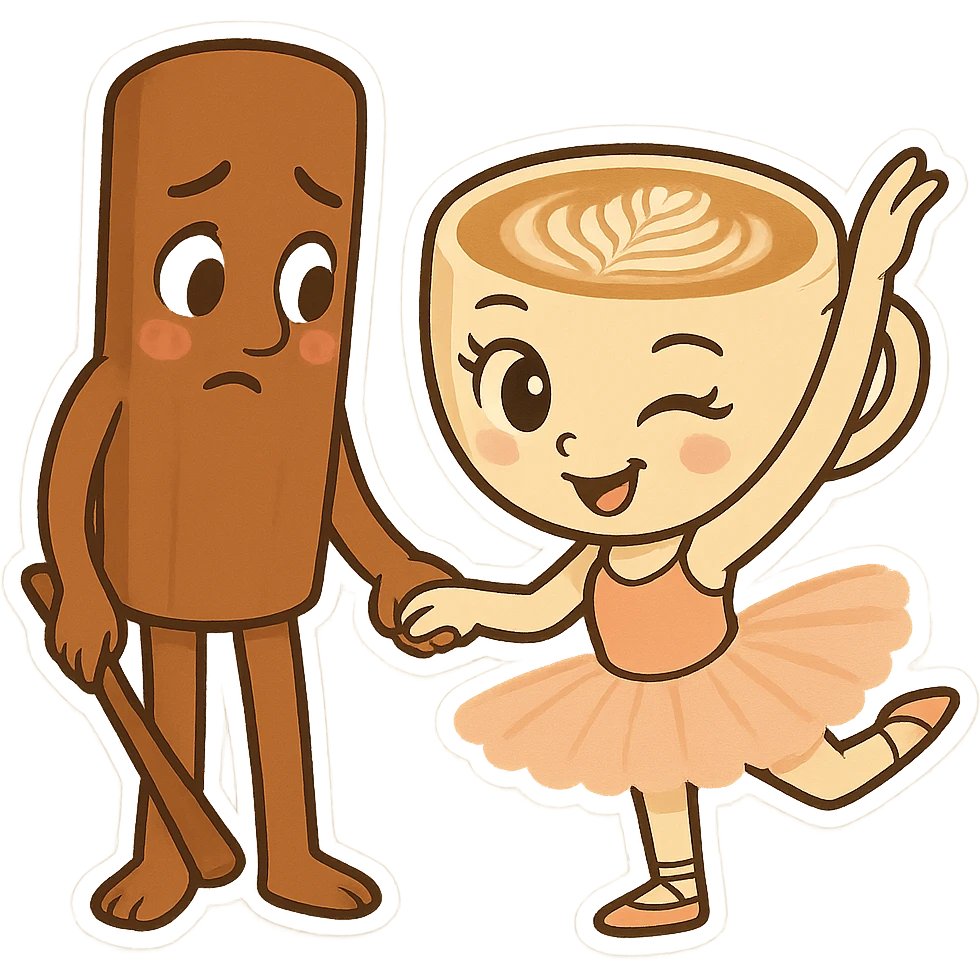 Keep the same quality and chibi stickers style. Edit the characters to have different expressions: make the coffee cup character winking and the cinnamon stick character looking shy. emoji